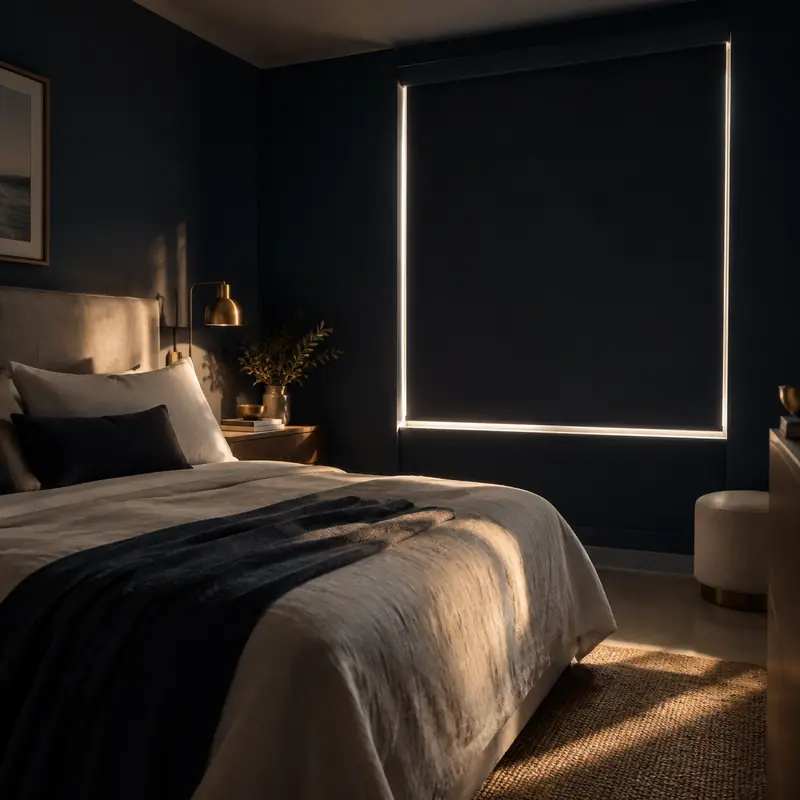 Blackout shades lowered in a bedroom