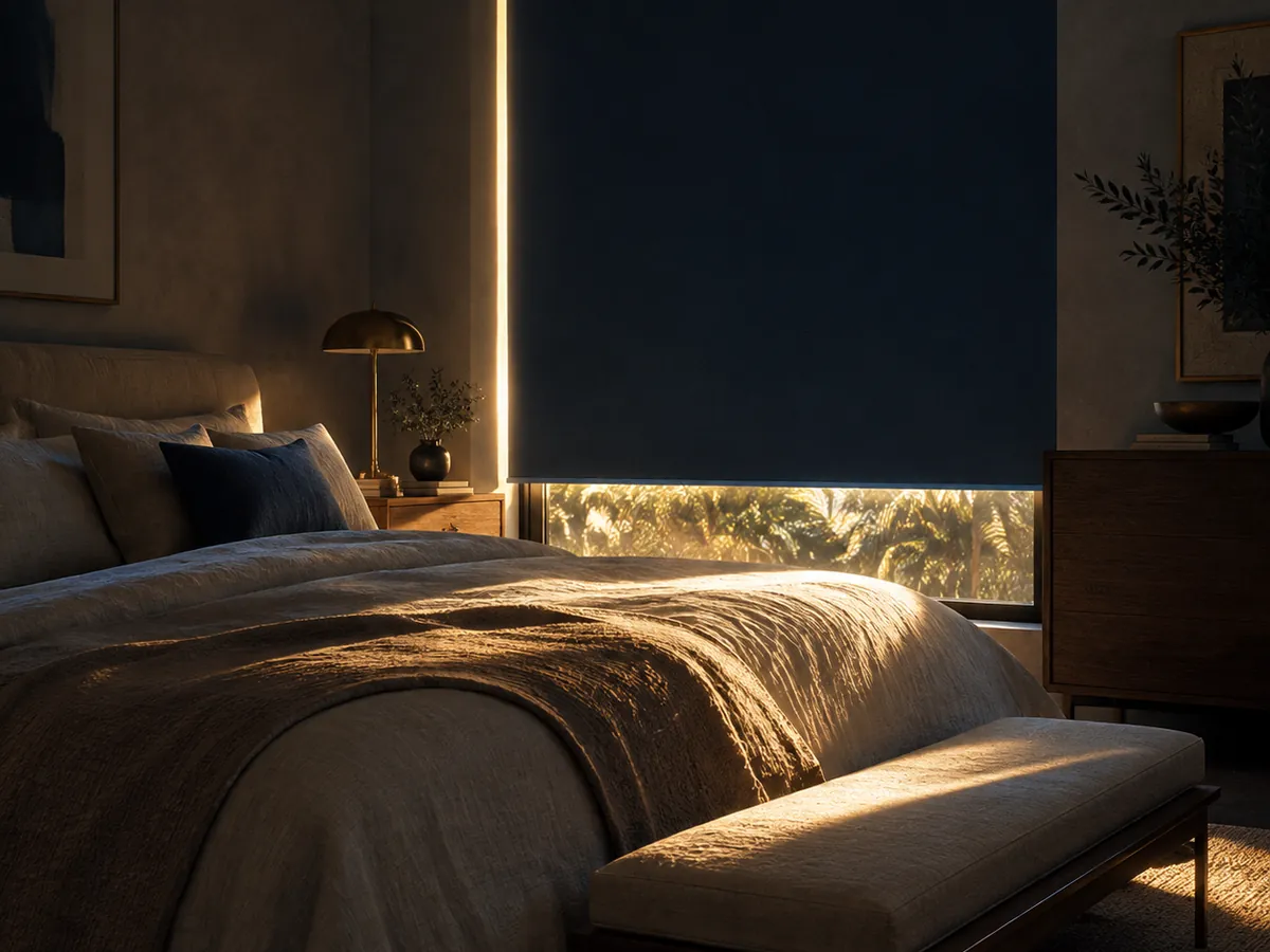 Dark bedroom at midday with blackout shades closed and a thin edge of light around the perimeter