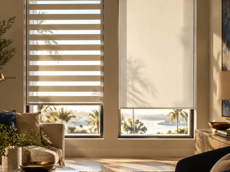 Two windows side by side, one with zebra shades and one with a roller screen shade