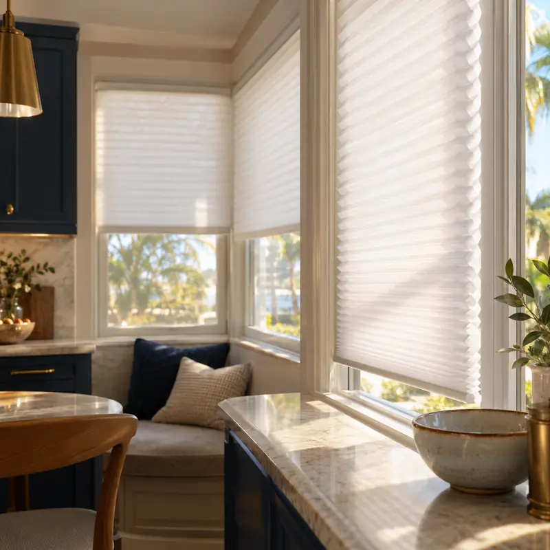 Honeycomb cellular shades in a kitchen window
