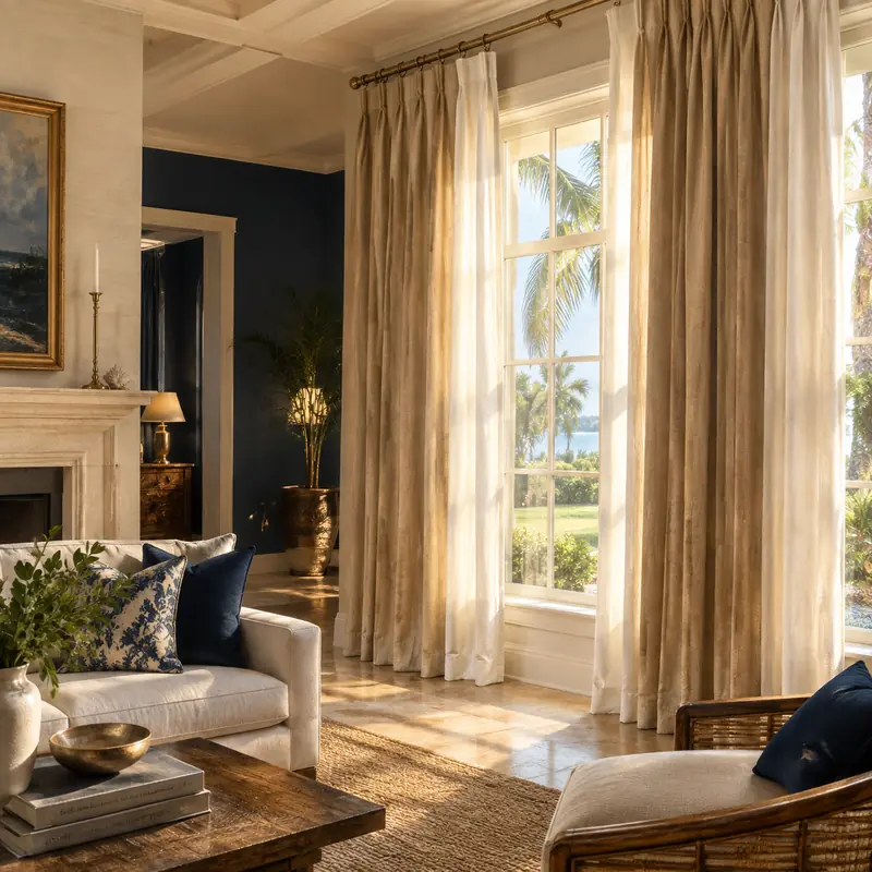 Pinch-pleat linen drapery beside a sunlit window