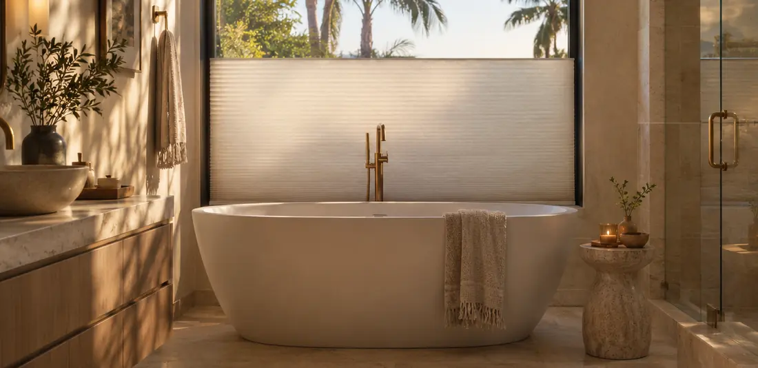 Spa-like bathroom with top-down bottom-up cellular shades