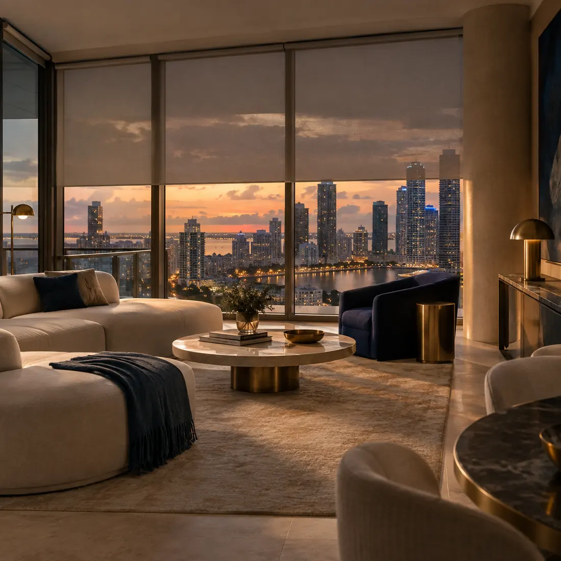 High-rise condominium in Brickell with slim motorized shades over a wall of glass at dusk