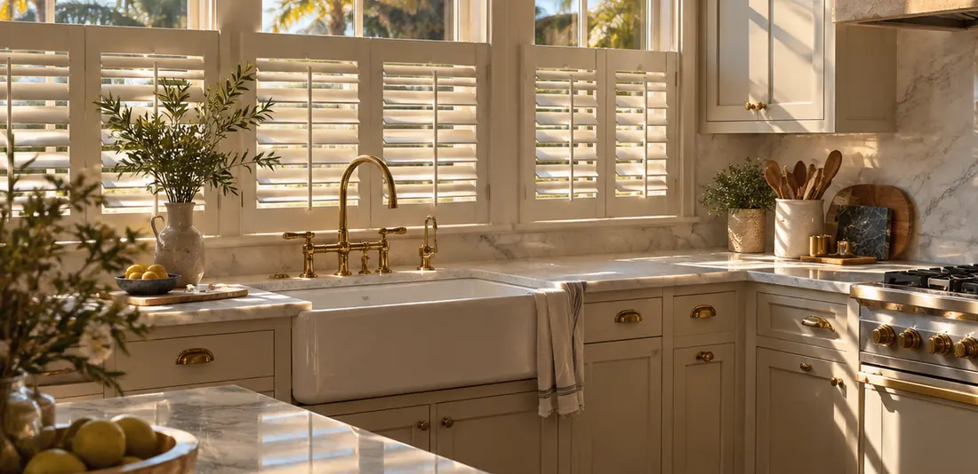 Bright kitchen with cafe-style plantation shutters on the lower windows