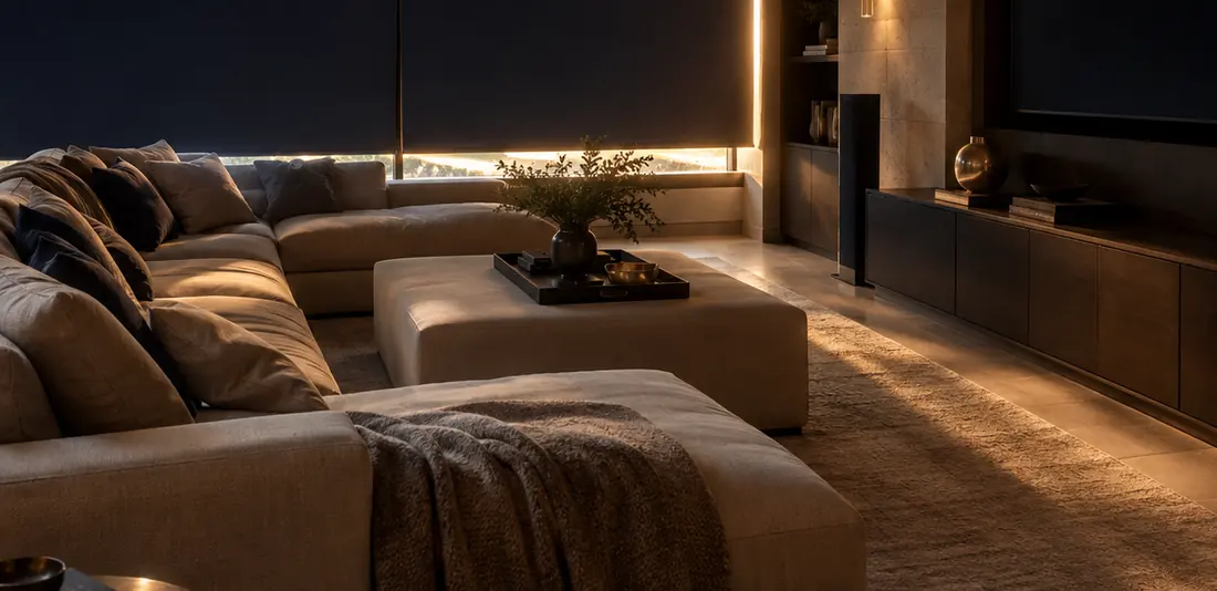 Home media room with blackout shades fully lowered