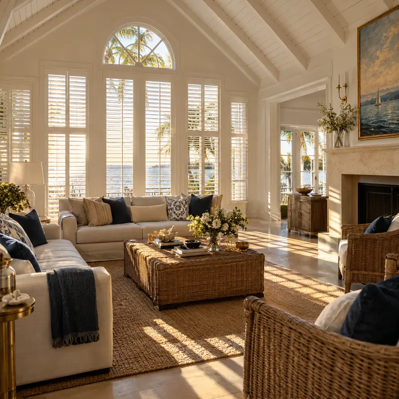 Naples coastal great room with white plantation shutters on tall windows