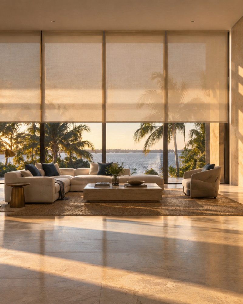 Motorized solar shades lowered halfway in a bright Florida living room, sunlight striping the limestone floor