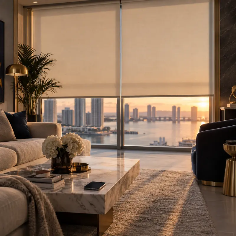 Motorized roller shades descending over floor-to-ceiling glass
