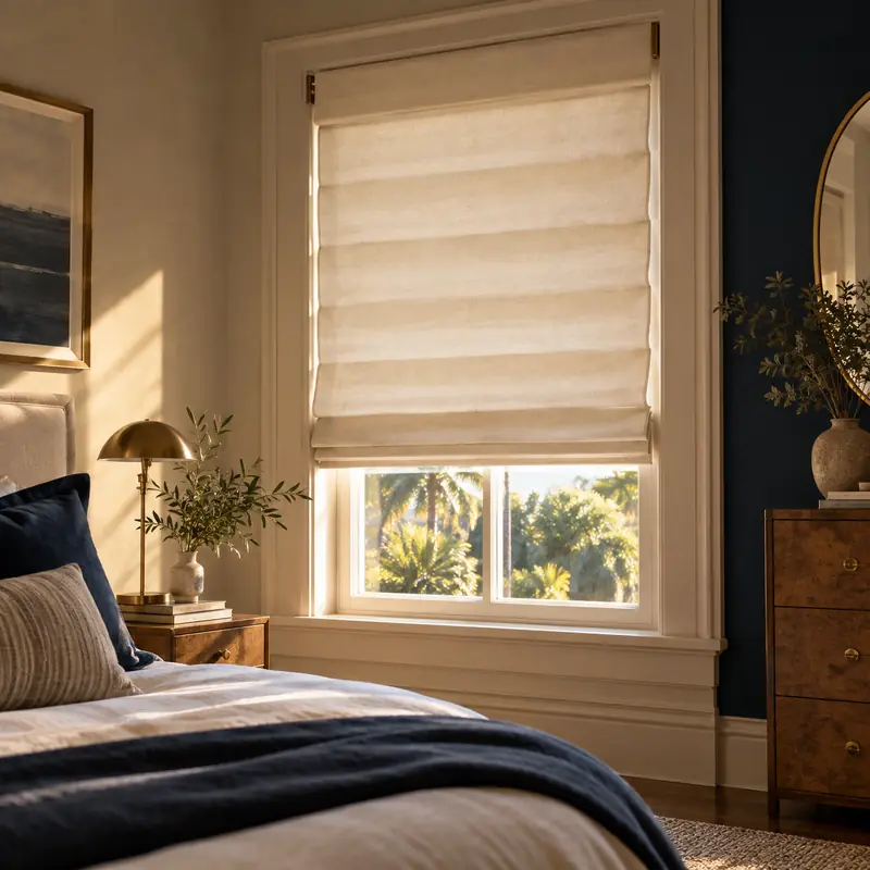 Roman shades with soft folds in a bedroom