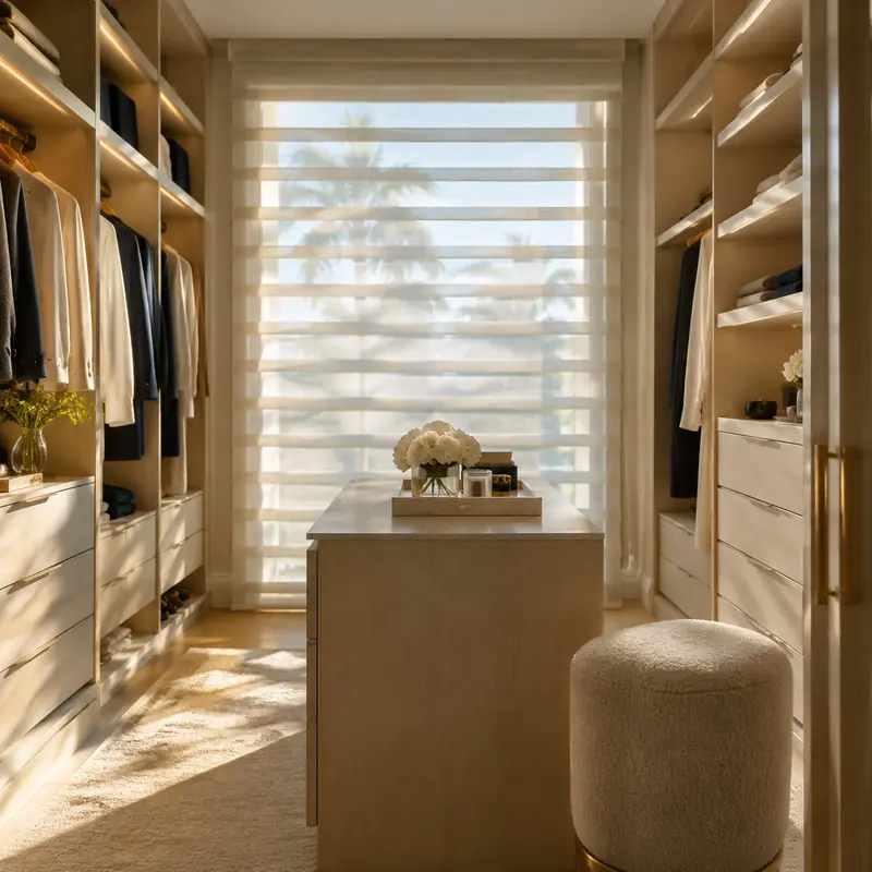 Sheer shades with soft fabric vanes in a walk-in closet