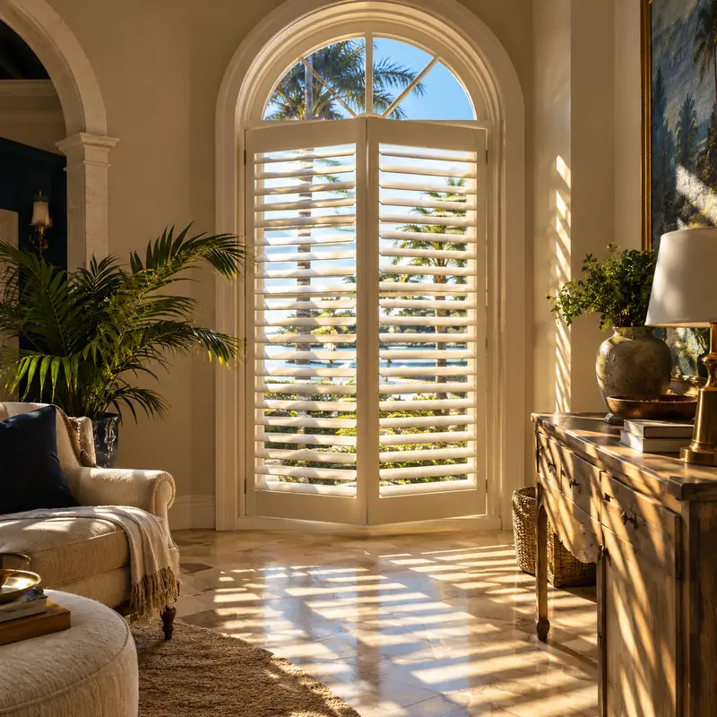 White plantation shutters on an arched window