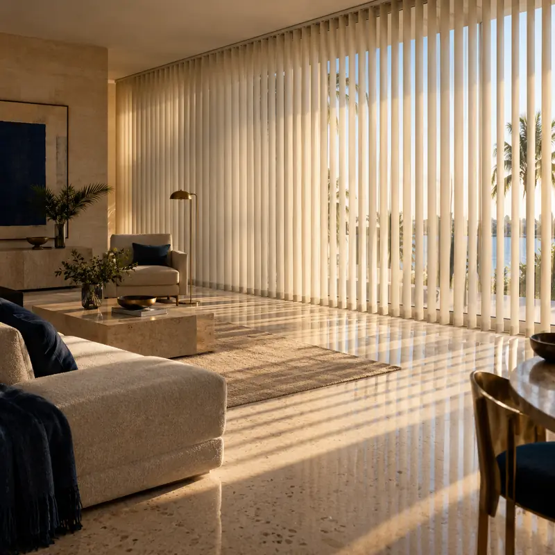 Vertical blinds on a wide glass wall