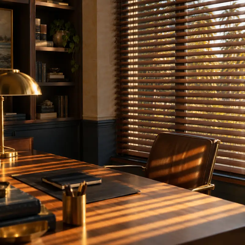 Walnut wood blinds in a study