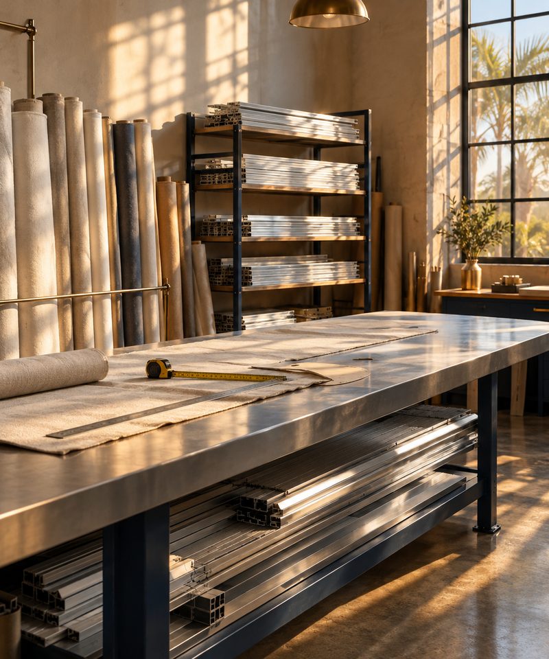 Rolls of shade fabric and aluminum headrails on the cutting table of the workshop