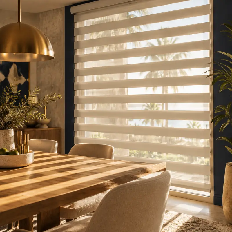 Zebra day-and-night shades in a dining room